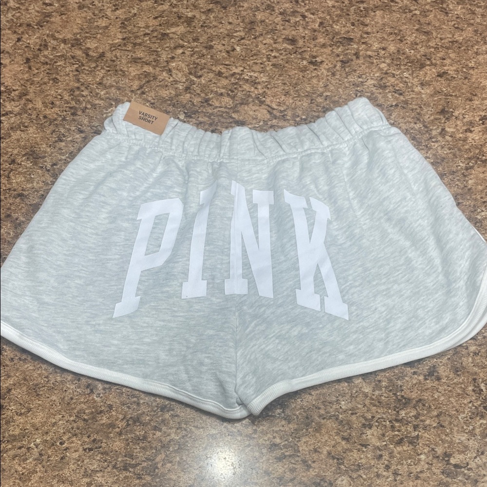 NWT PINK Victoria's Secret Light Gray Heather Varsity Logo Shorts Medium